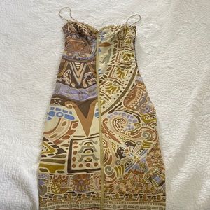 Nicole Miller silk brown, purple, blue abstract dress .